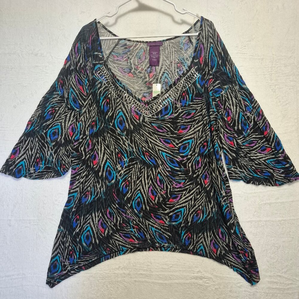 Beverly Drive NWT Peacock Feather Tunic Top BOHO Y2K 90s Beach Resort Sz 24/26W